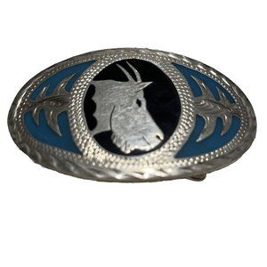 VTG Handcrafted Silver and Turquoise Inlay WESTERN BELT BUCKLE Goat Motif EUC